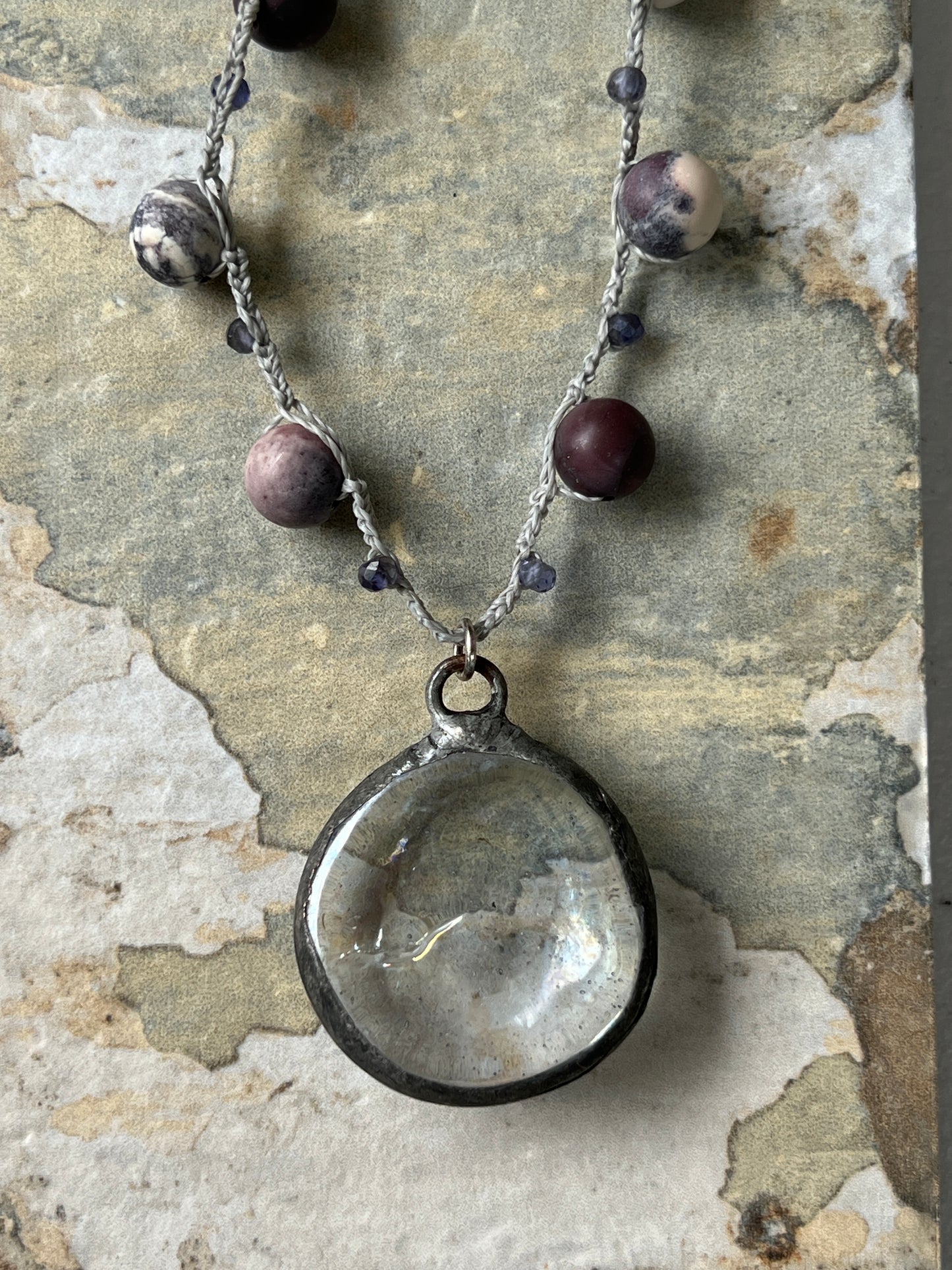 Crocheted Porcelain Jasper with Glass Pendant