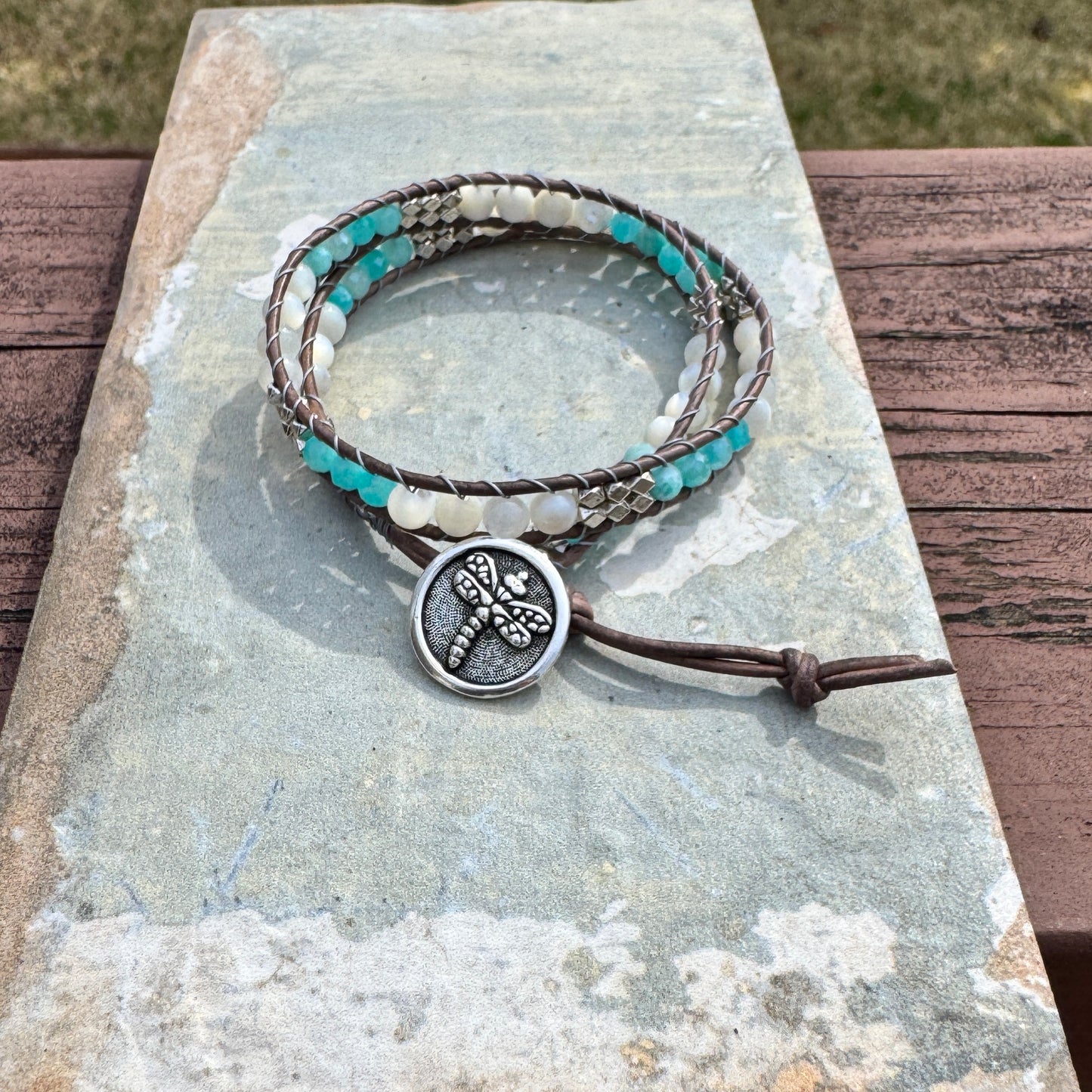 Amazonite and Mother of Pearl Wrap Bracelet