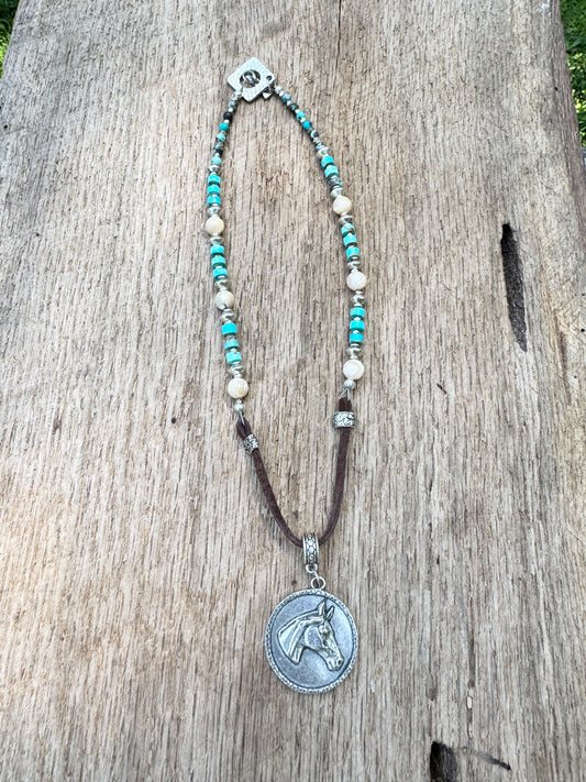 Turquoise and Mother of Pearl Necklace with Horse Pendant