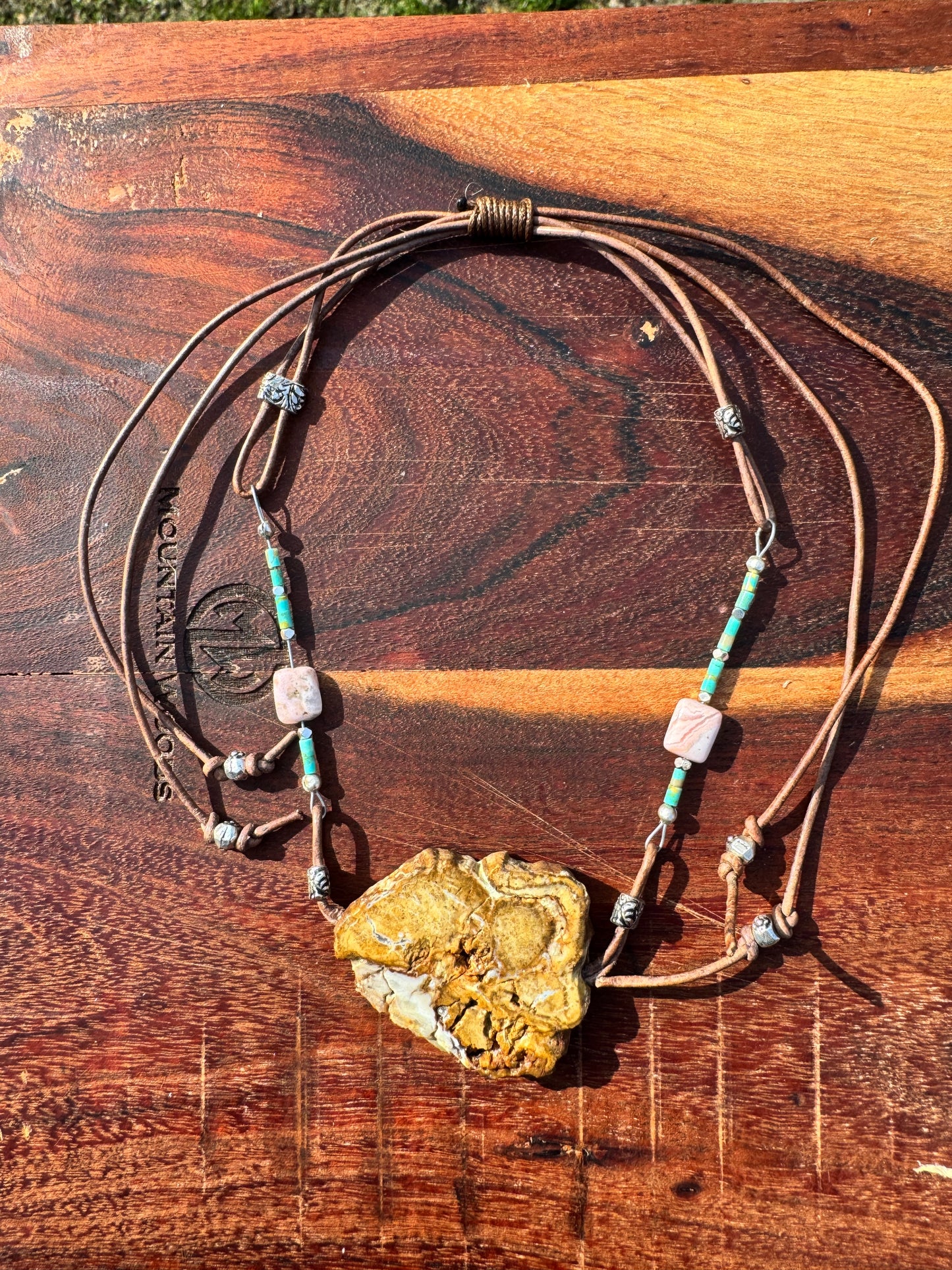 Petrified Wood Agate with Turquoise and Rhodocrosite Necklace