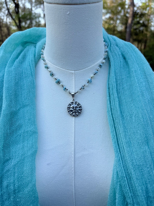 Larimar and Mother of Pearl Sun and Moon Necklace