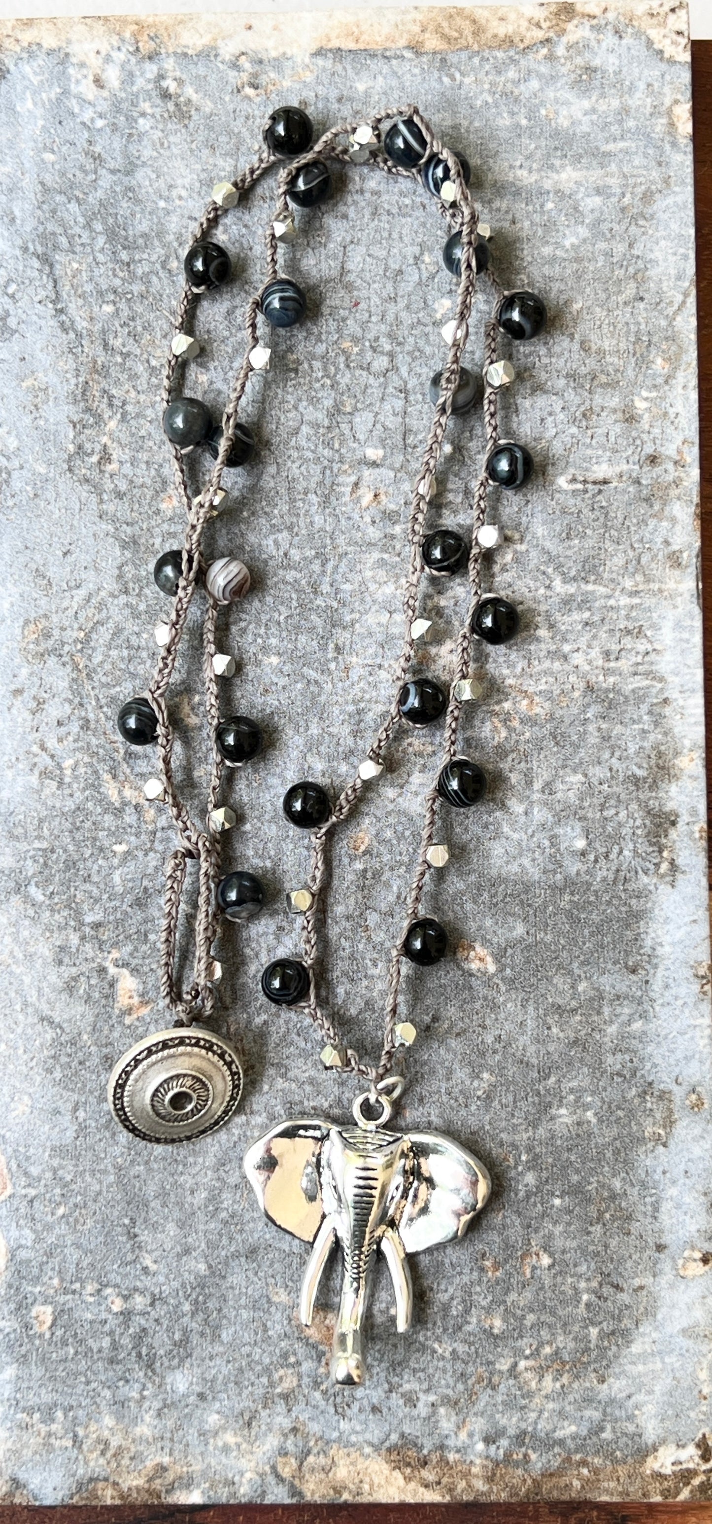Crocheted Sardonyx with Elephant Head Pendant