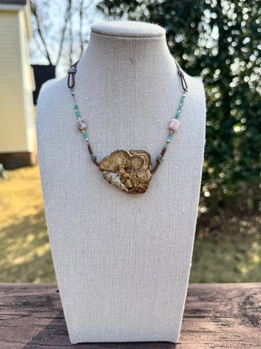 Petrified Wood Agate with Turquoise and Rhodocrosite Necklace