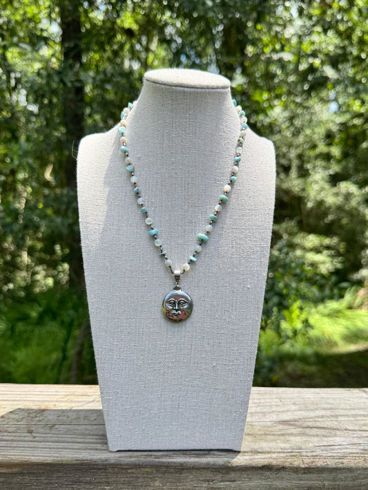 Larimar and Mother of Pearl Sun and Moon Necklace