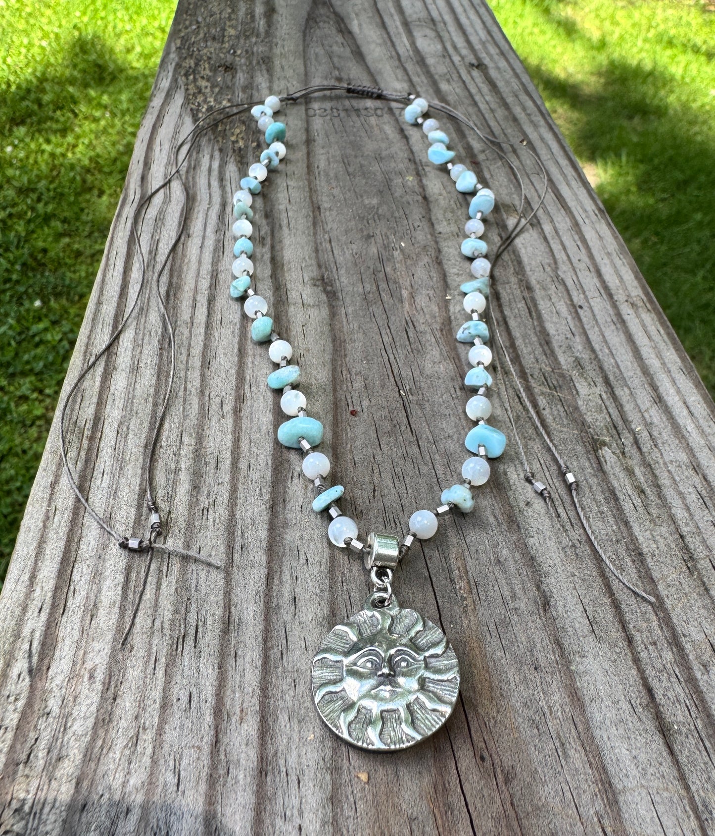 Larimar and Mother of Pearl Sun and Moon Necklace