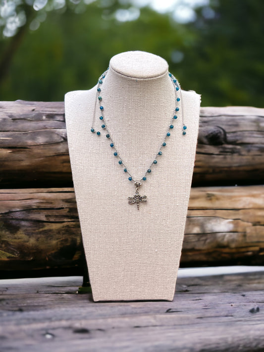 Crocheted Adjustable Necklace with Marcasite Dragonfly