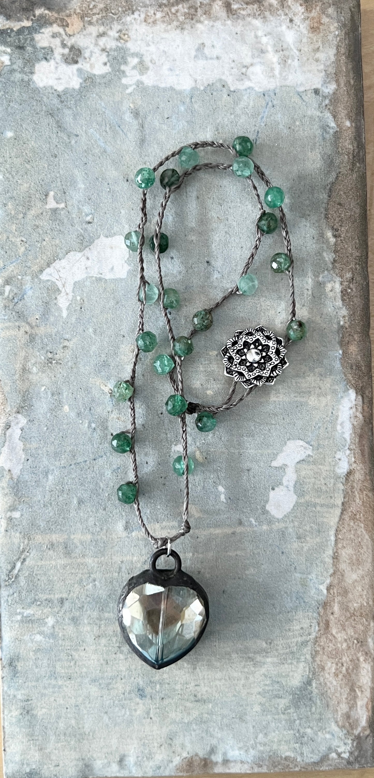 Braided Green Strawberry Quartz with Glass Pendant