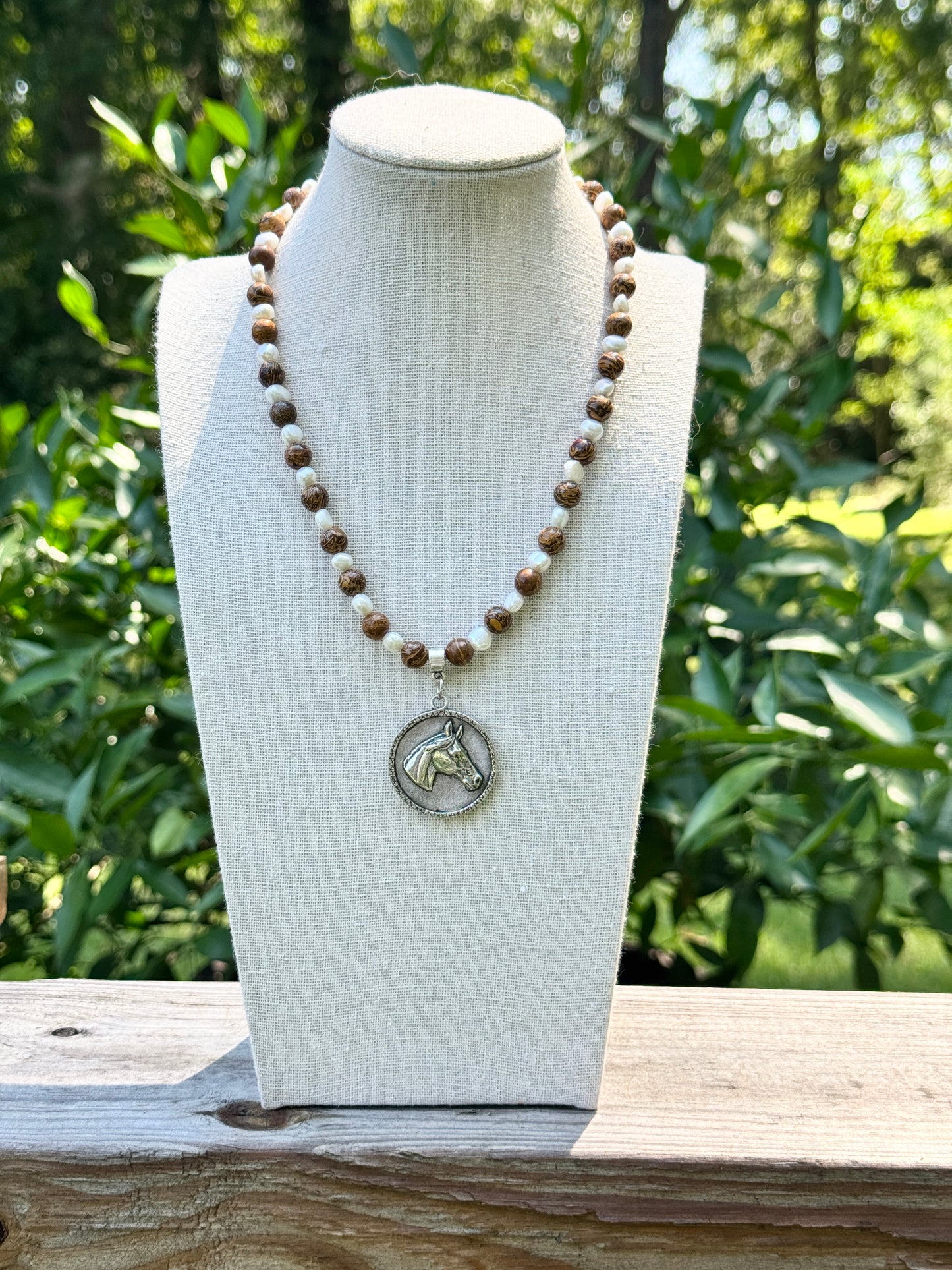 Pearls and Elephant Skin Jasper with Horse Pendant Necklace
