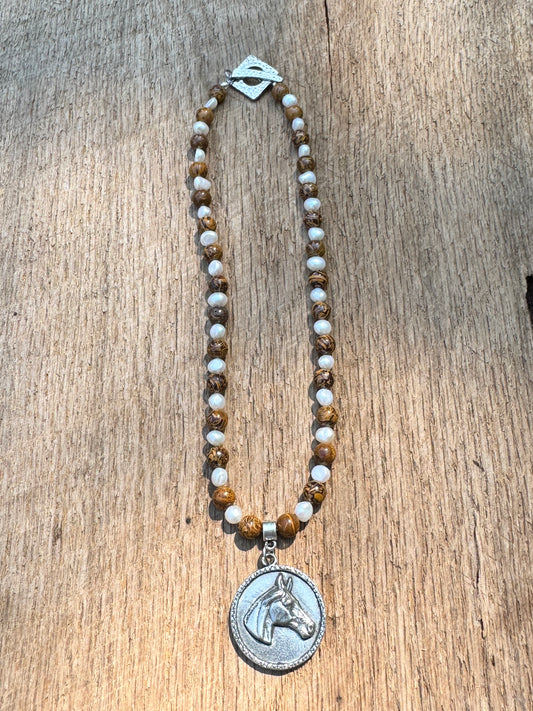 Pearls and Elephant Skin Jasper with Horse Pendant Necklace