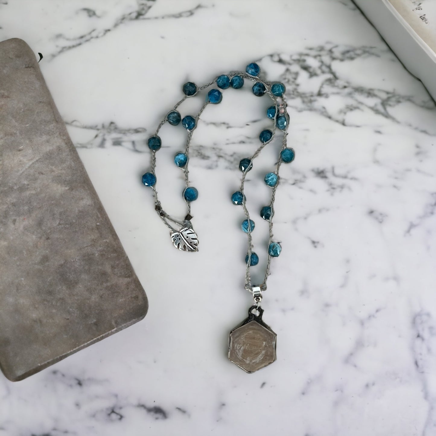 Braided Blue Apatite Beads with Glass Pendant