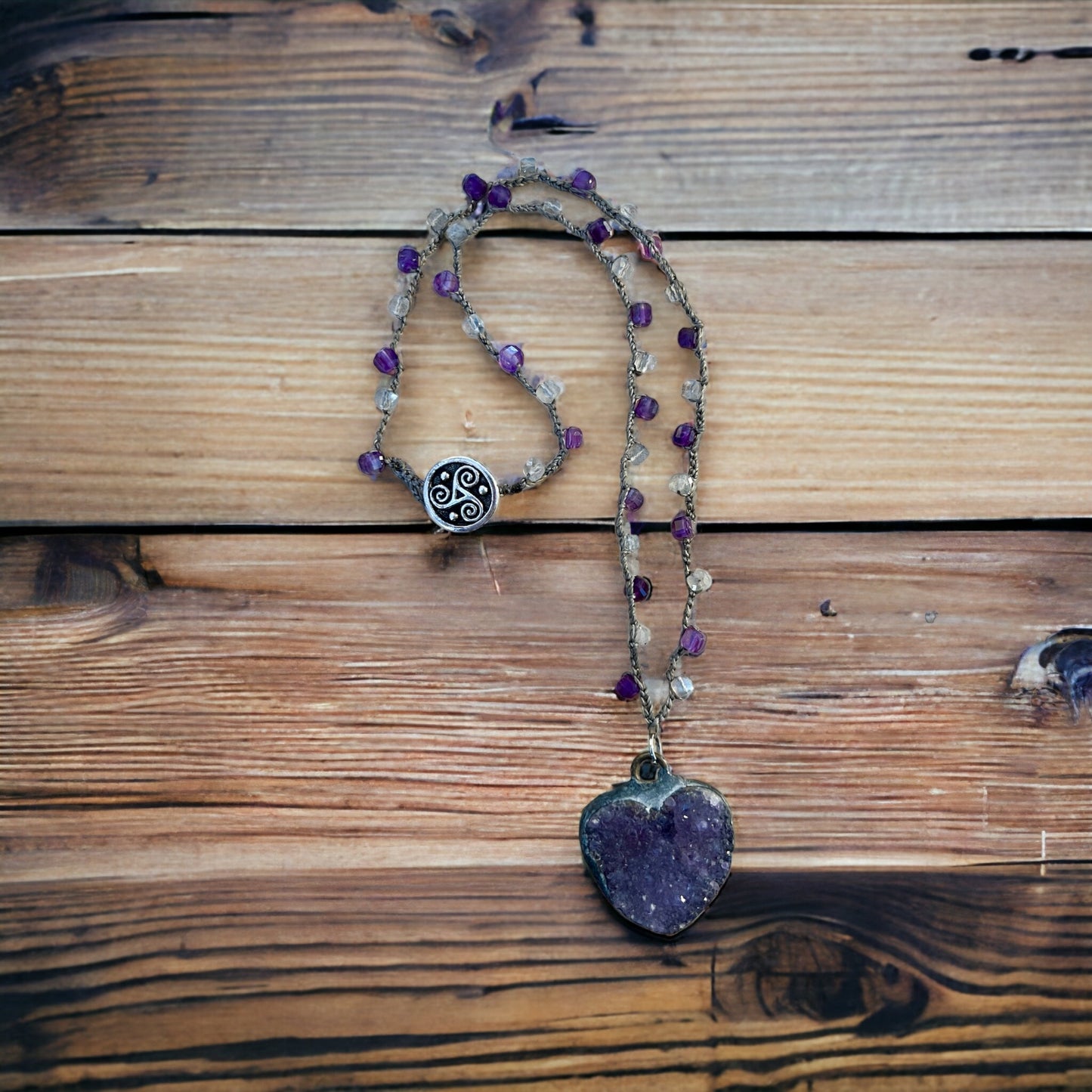 Crocheted Amethyst Heart Necklace