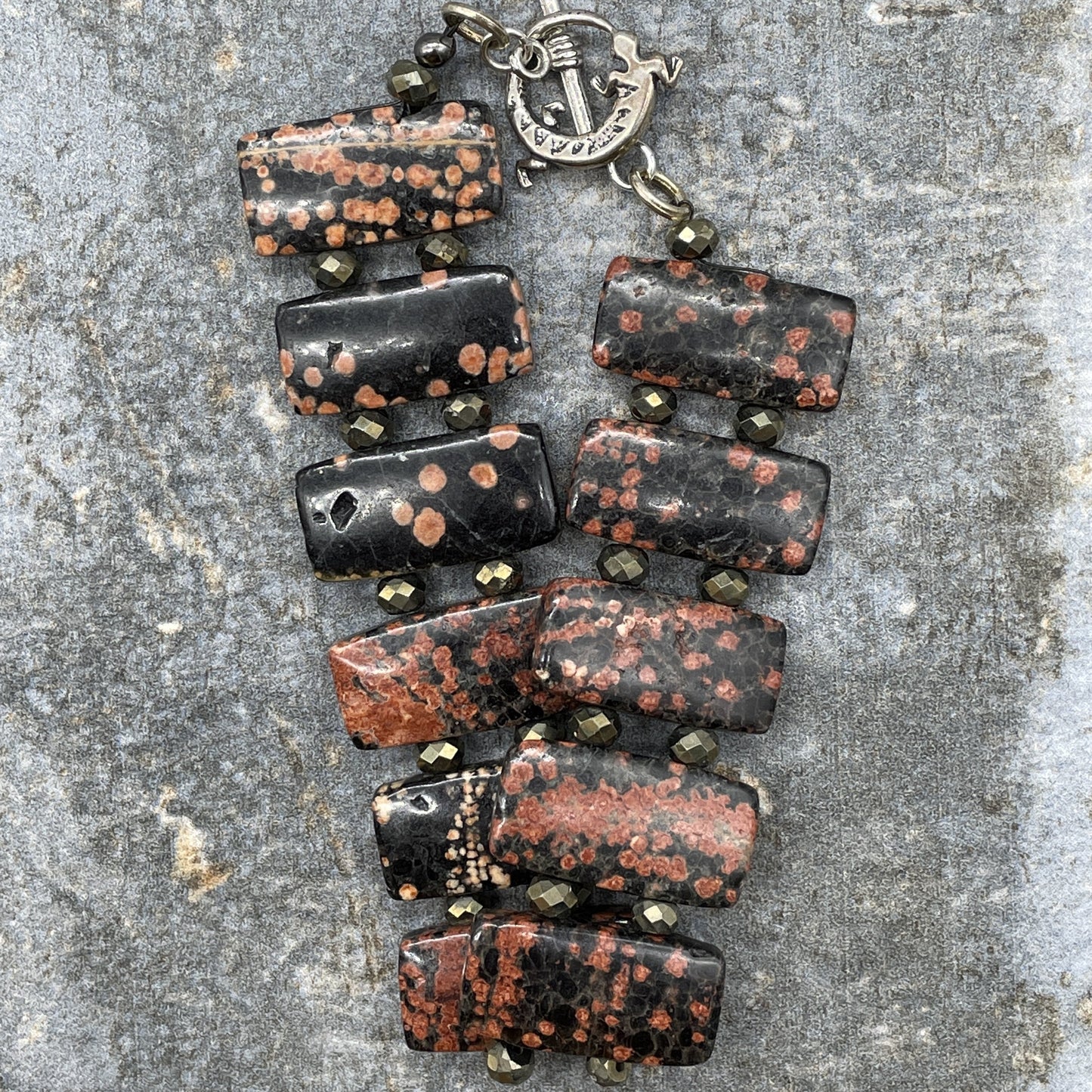 Single Wrap Mexican Snowflake Obsidian with Pyrite Bracelet