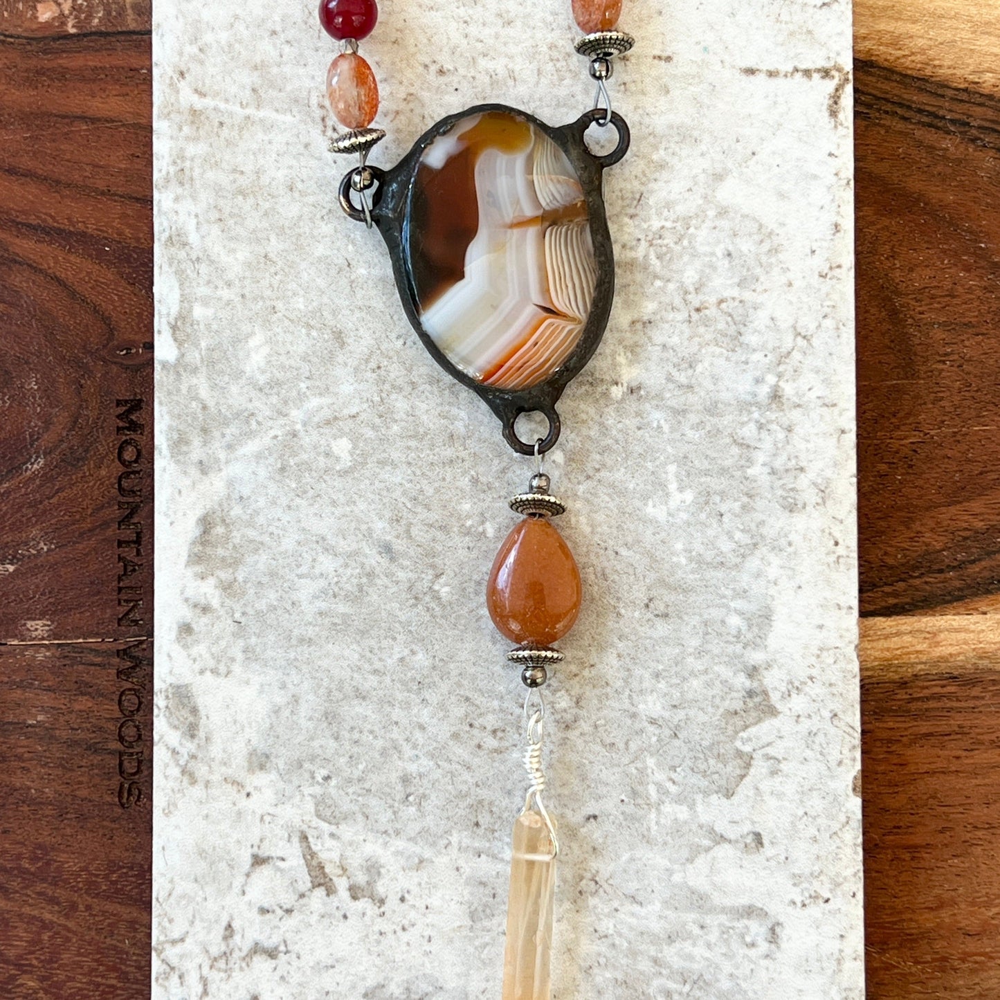 Agate Pendant Necklace with Sunstone Accent Beads