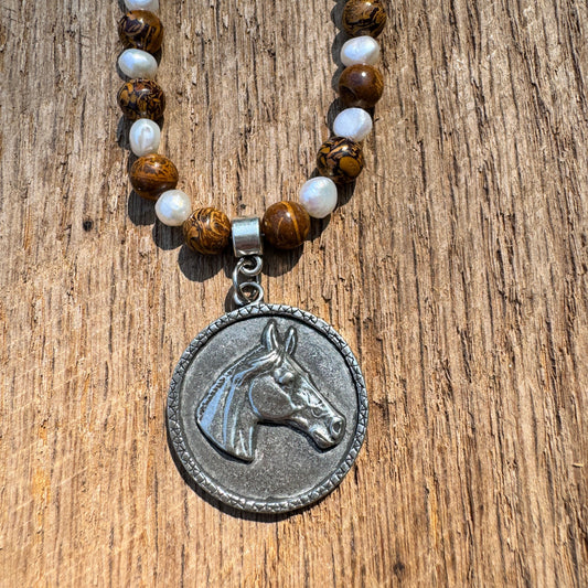 Pearls and Elephant Skin Jasper with Horse Pendant Necklace