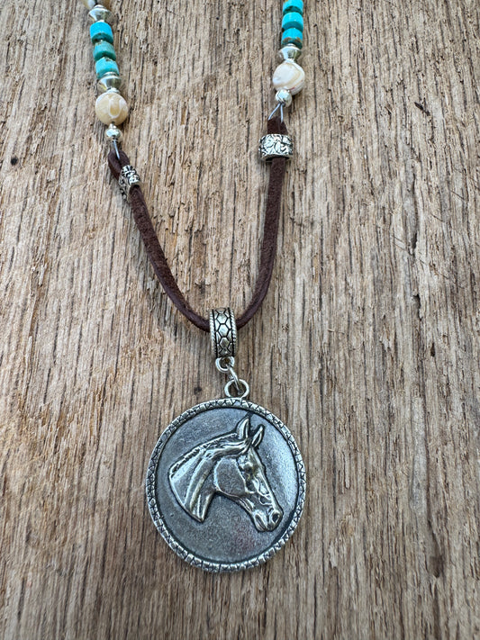 Turquoise and Mother of Pearl Necklace with Horse Pendant