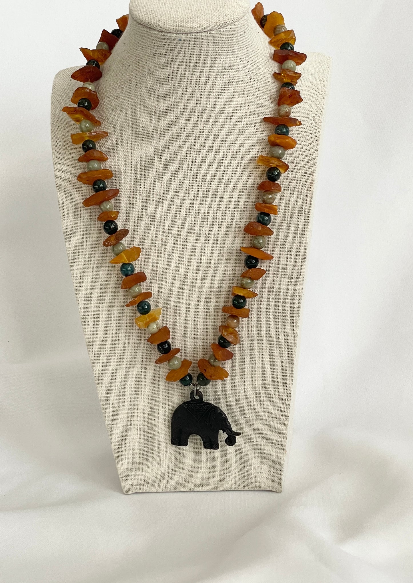 Amber and Jasper Necklace with Elephant Pendant