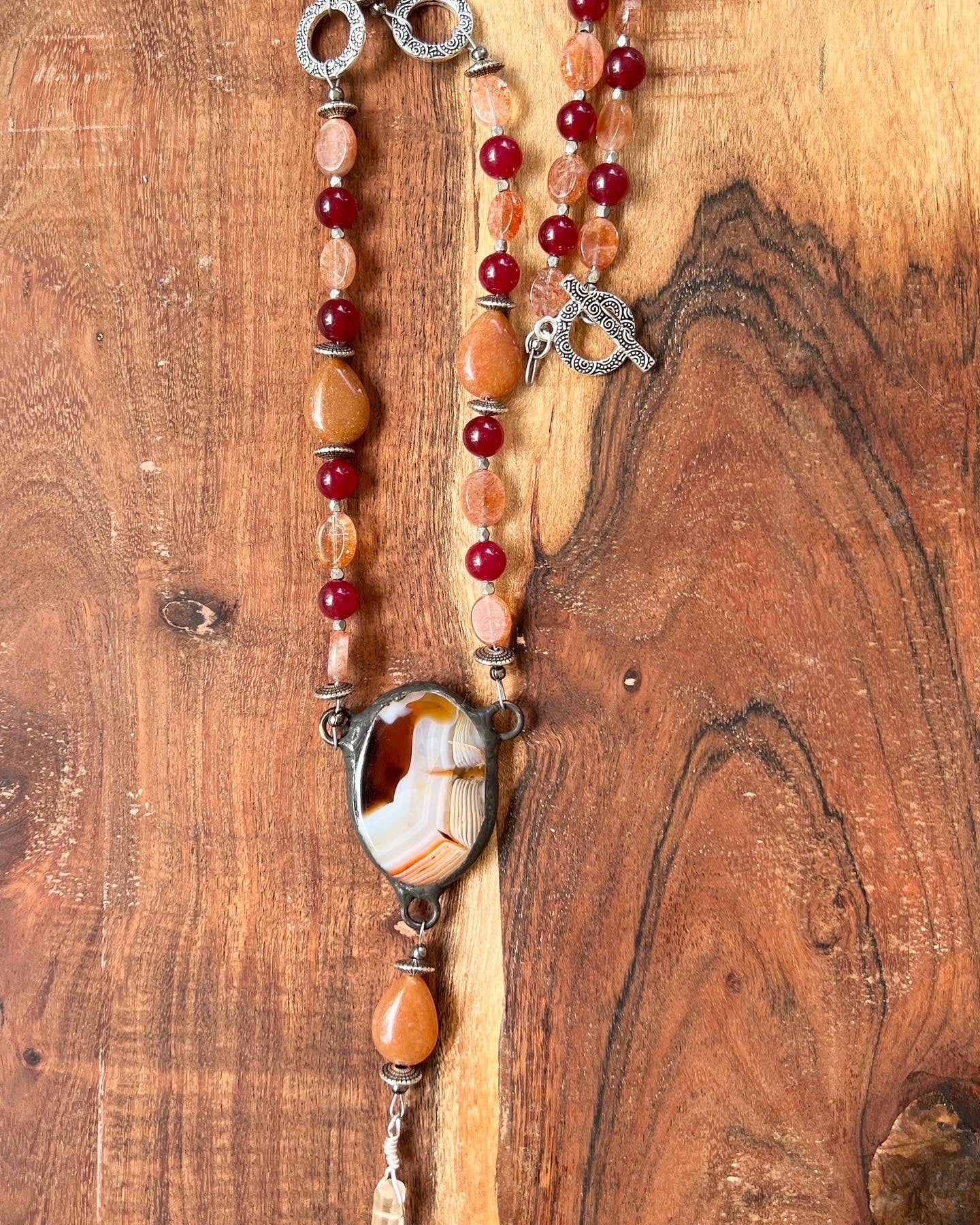 Agate Pendant Necklace with Sunstone Accent Beads