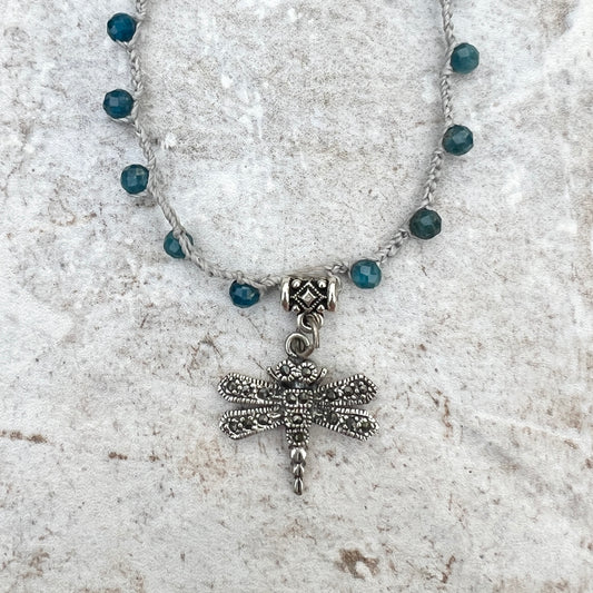 Crocheted Adjustable Necklace with Marcasite Dragonfly