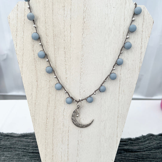 Crocheted Angelite with Crescent Moon Pendant