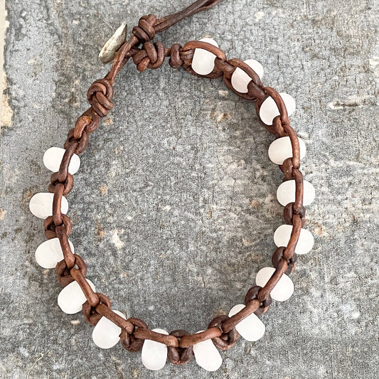 Leather Knotted Frosted Rose Quartz Bracelet