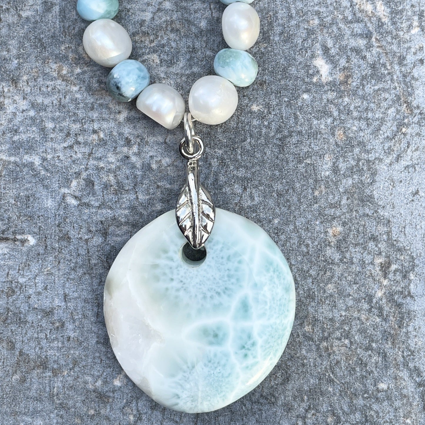 Larimar Pendant and Fresh Water Pearls Necklace