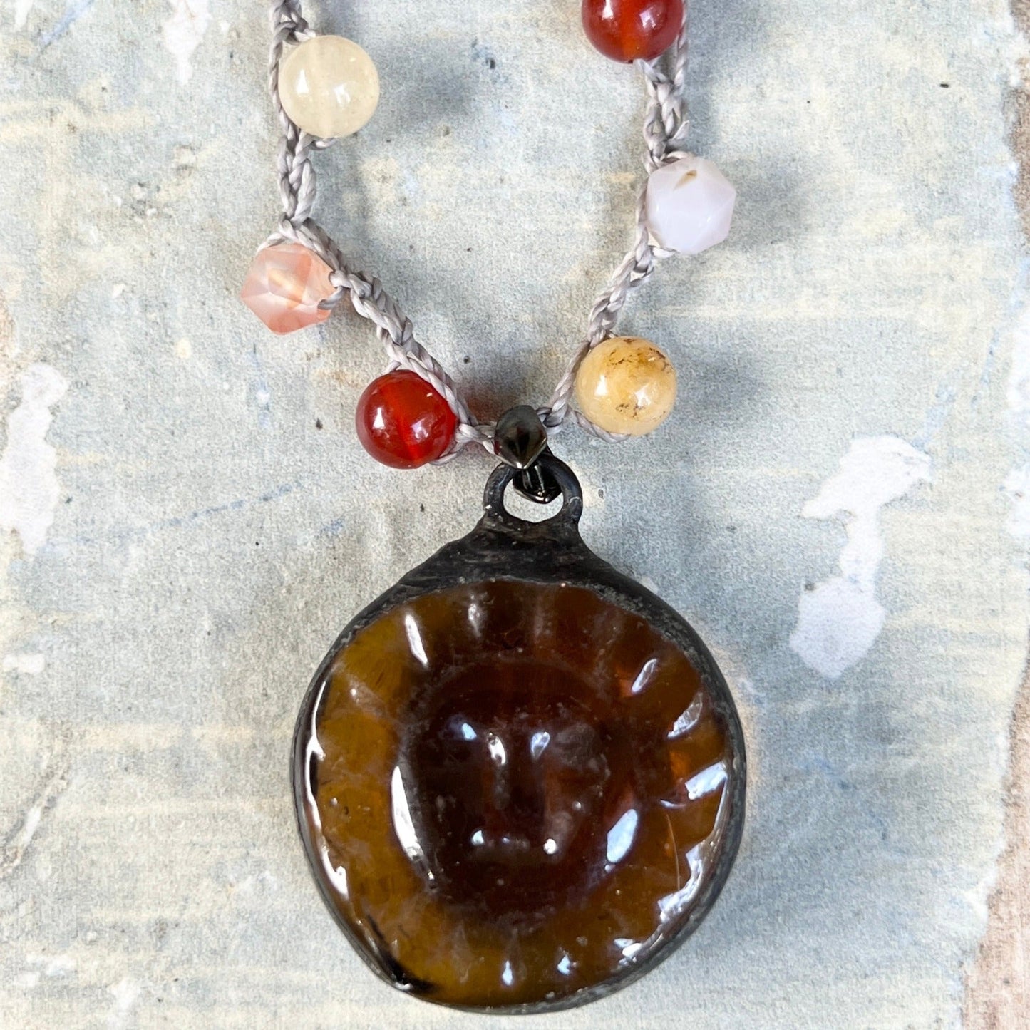 Sun Glass Pendant with Carnelian and Jade Necklace
