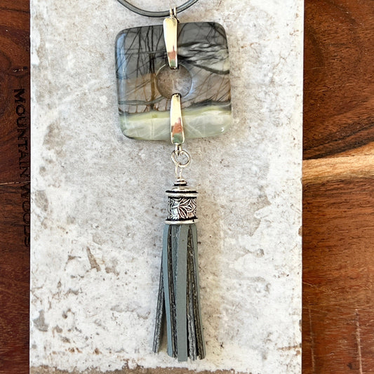 Picasso Jasper Pendant with Leather Tassel Necklace