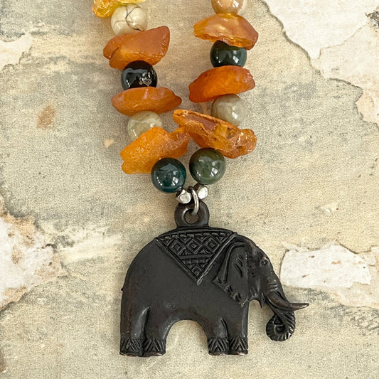 Amber and Jasper Necklace with Elephant Pendant